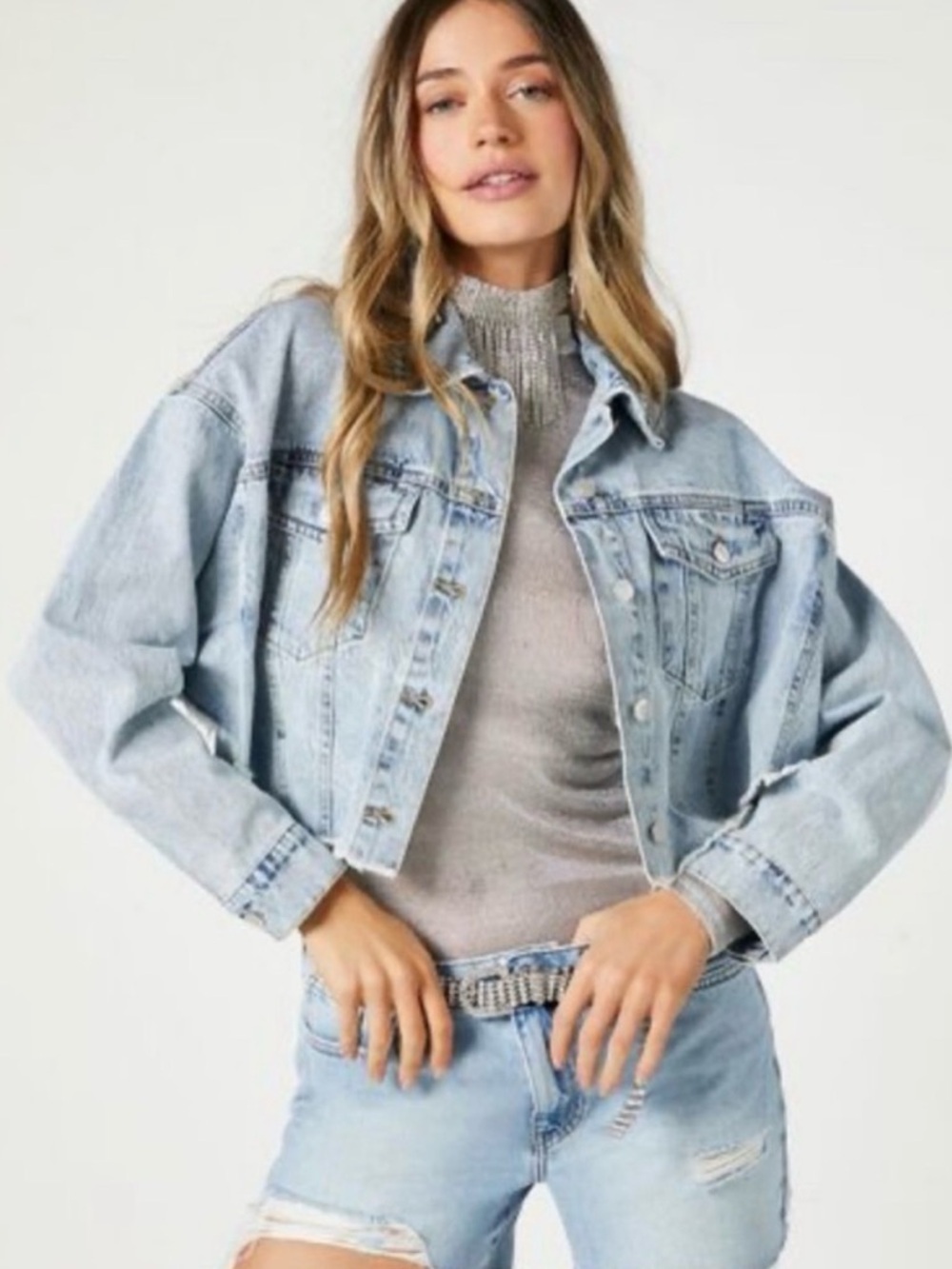 Light Wash Cropped Denim Jacket - Pale Blue